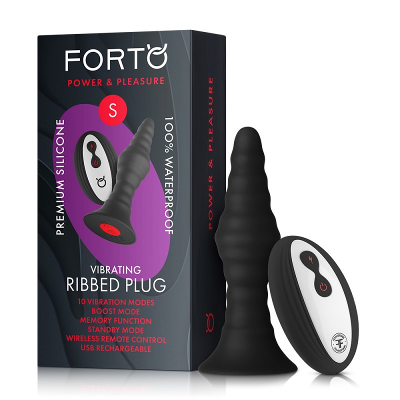Forto Vibrating Ribbed Black Plug - Small
